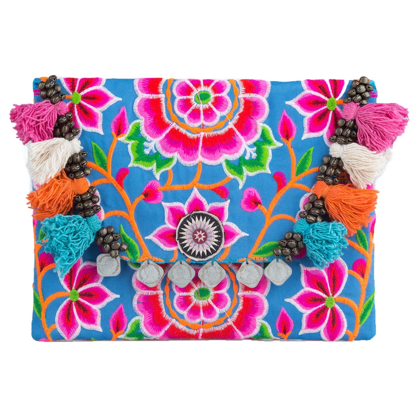 Hmong Embroidered Clutch Bag with Colorful Tassels