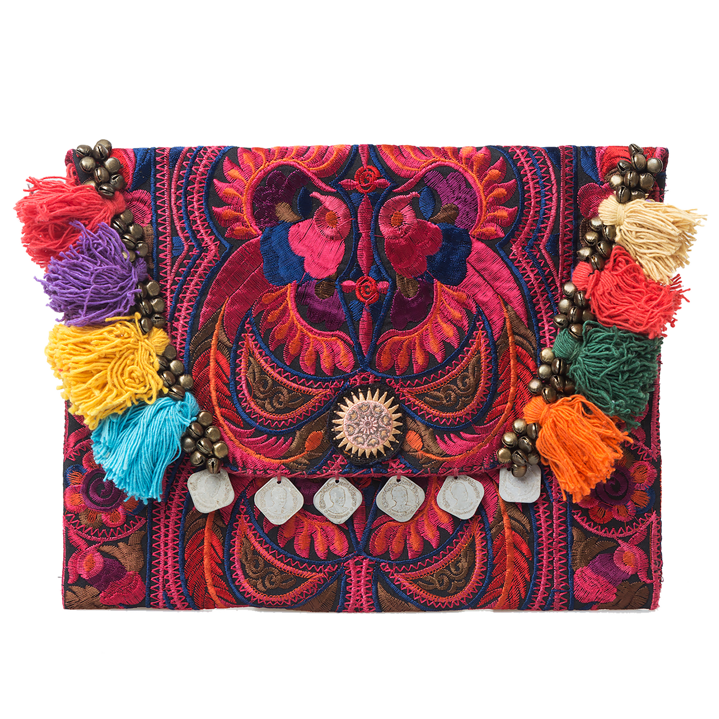 Hmong Embroidered Clutch Bag with Colorful Tassels
