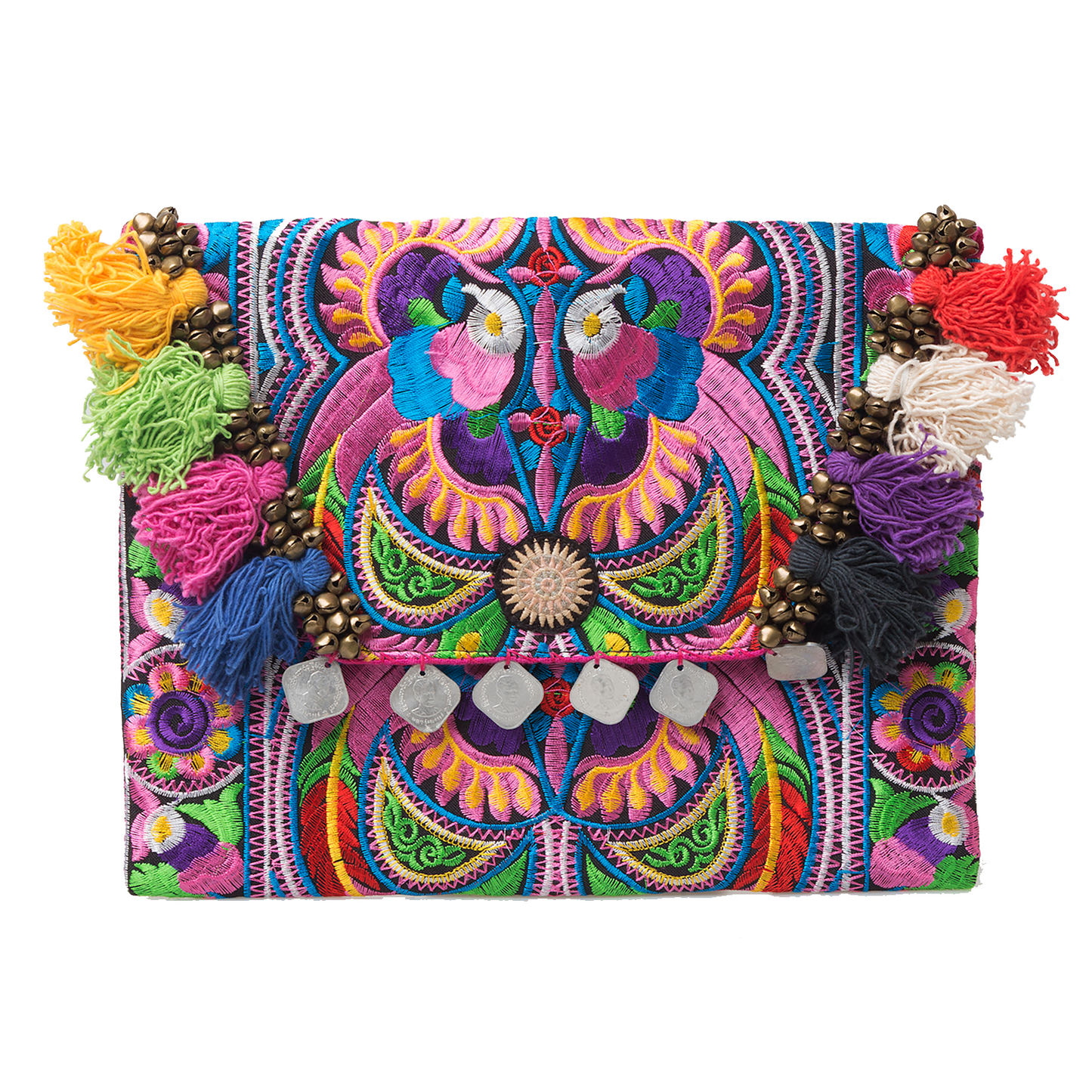 Hmong Embroidered Clutch Bag with Colorful Tassels