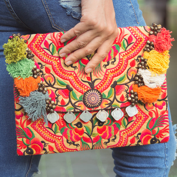 Hmong Embroidered Clutch Bag with Colorful Tassels