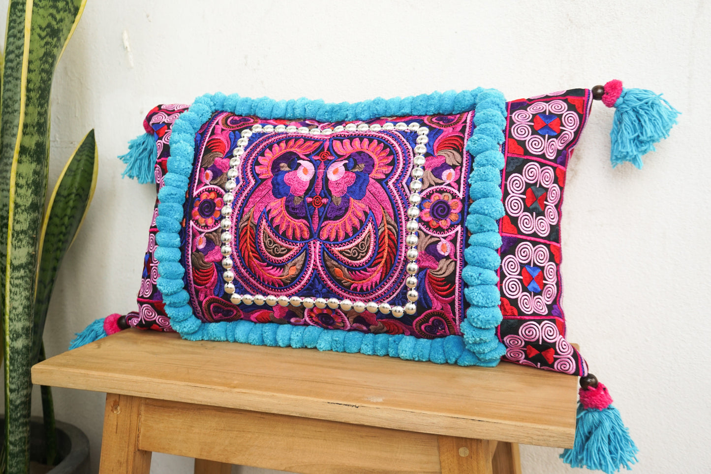 12x20 Hmong Cushion Cover with Tassels, Pom Poms