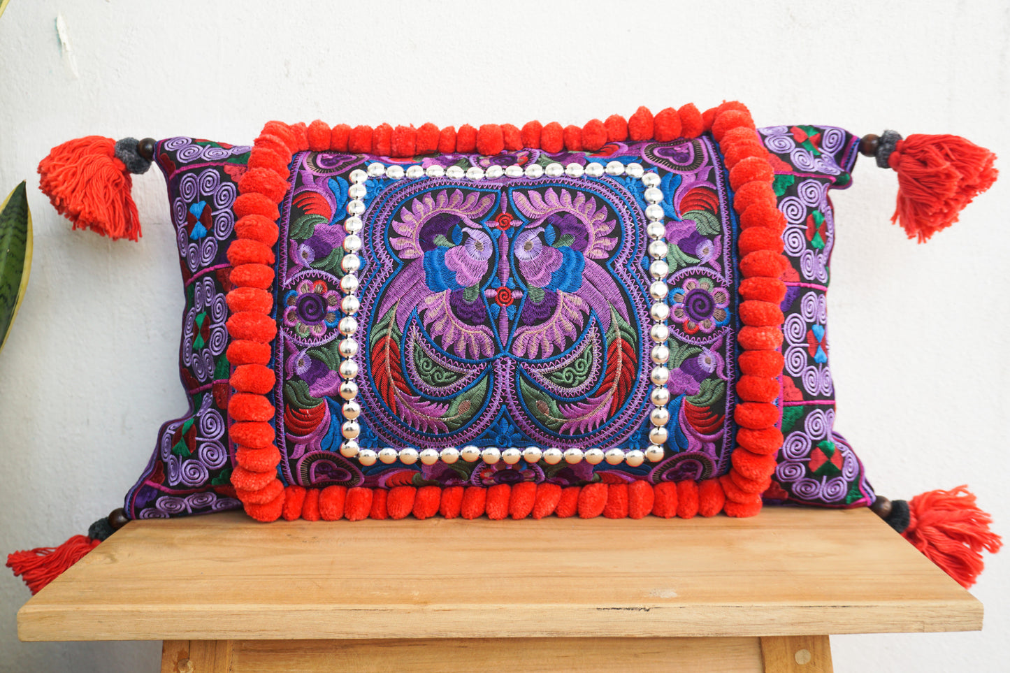 12x20 Hmong Cushion Cover with Tassels, Pom Poms