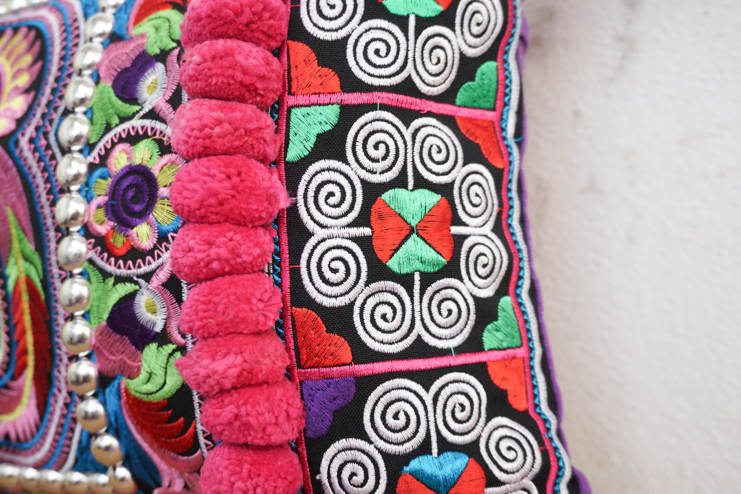 12x20 Hmong Cushion Cover with Tassels, Pom Poms