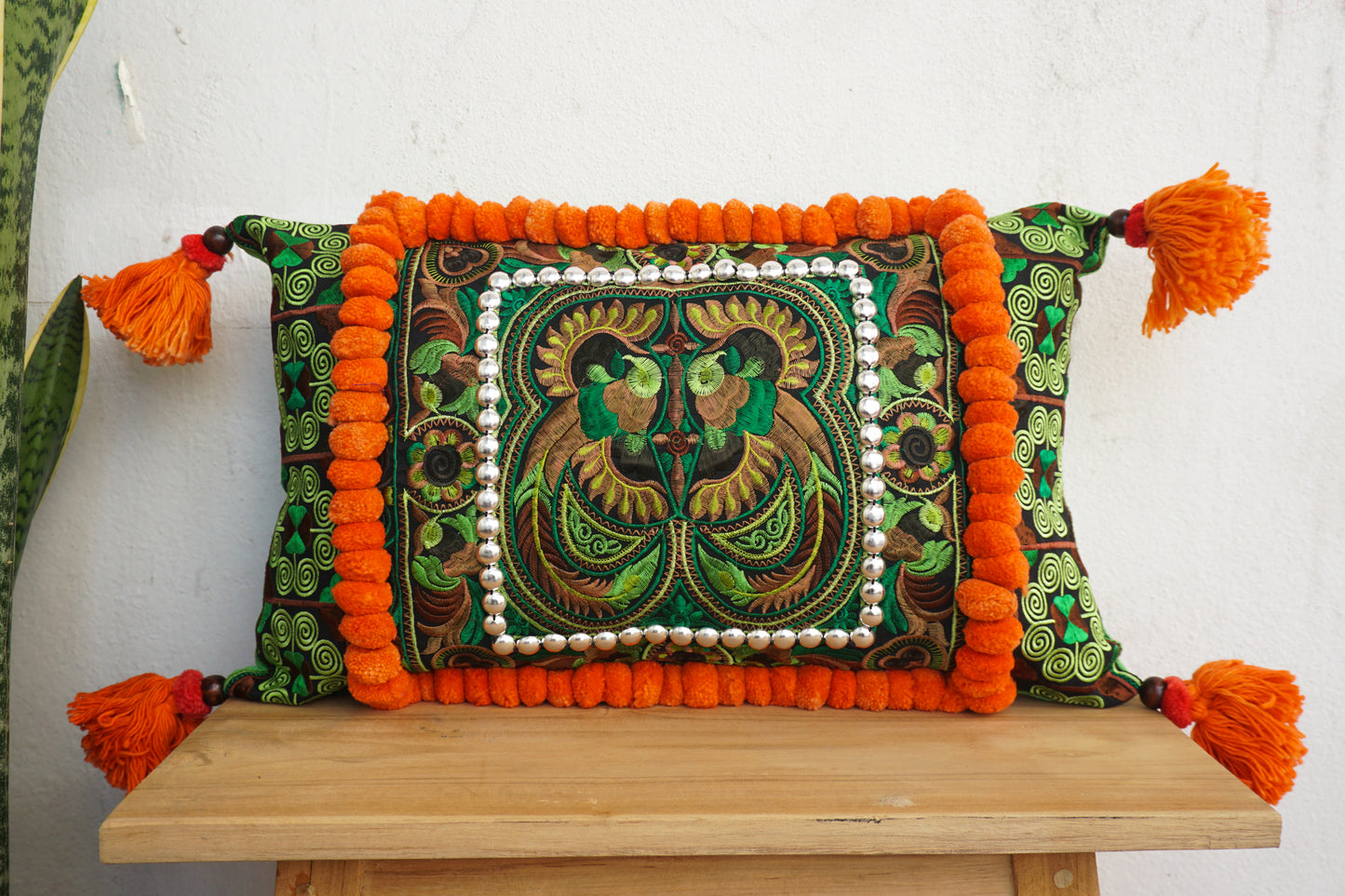 12x20 Hmong Cushion Cover with Tassels, Pom Poms