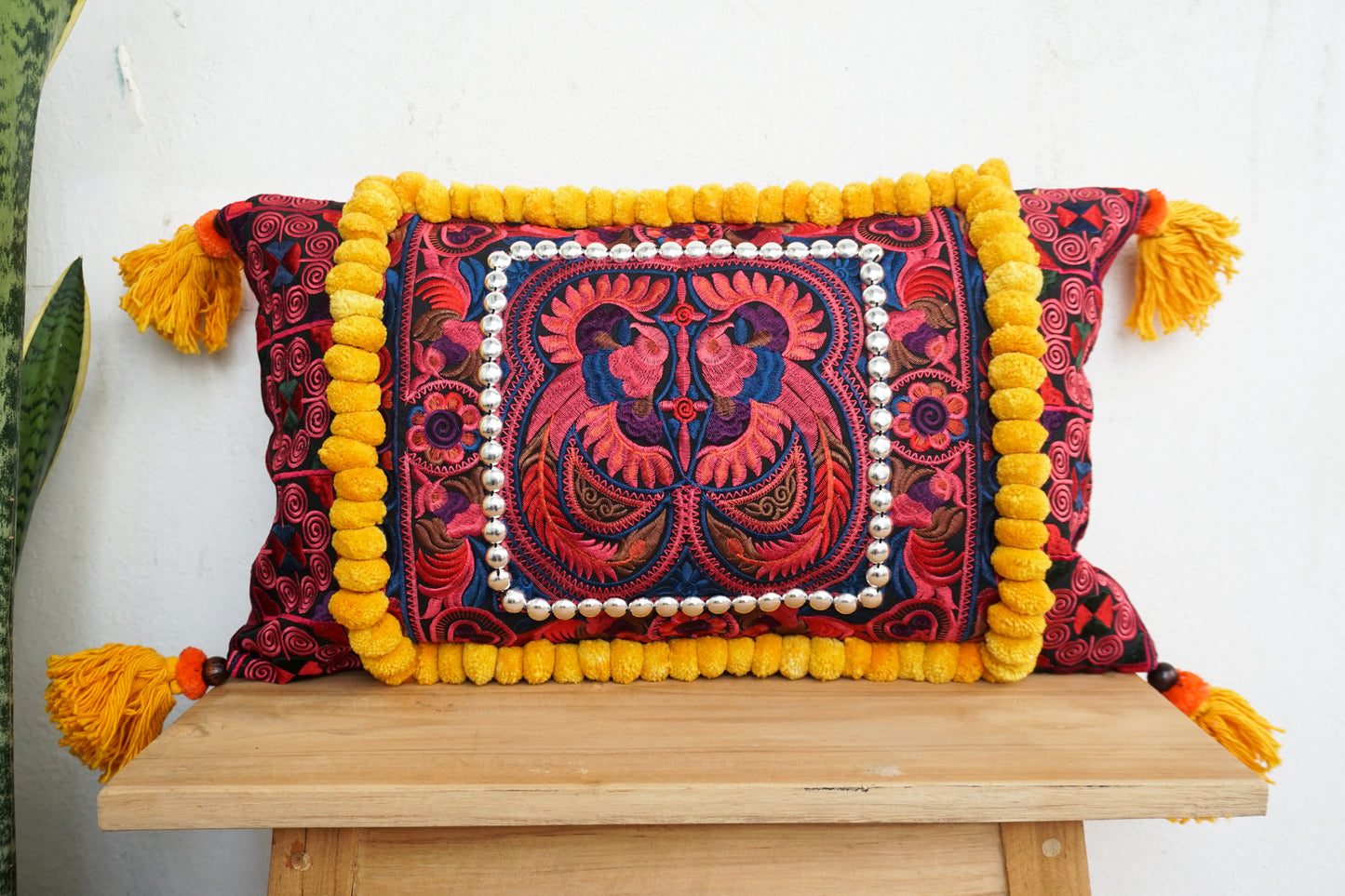 12x20 Hmong Cushion Cover with Tassels, Pom Poms