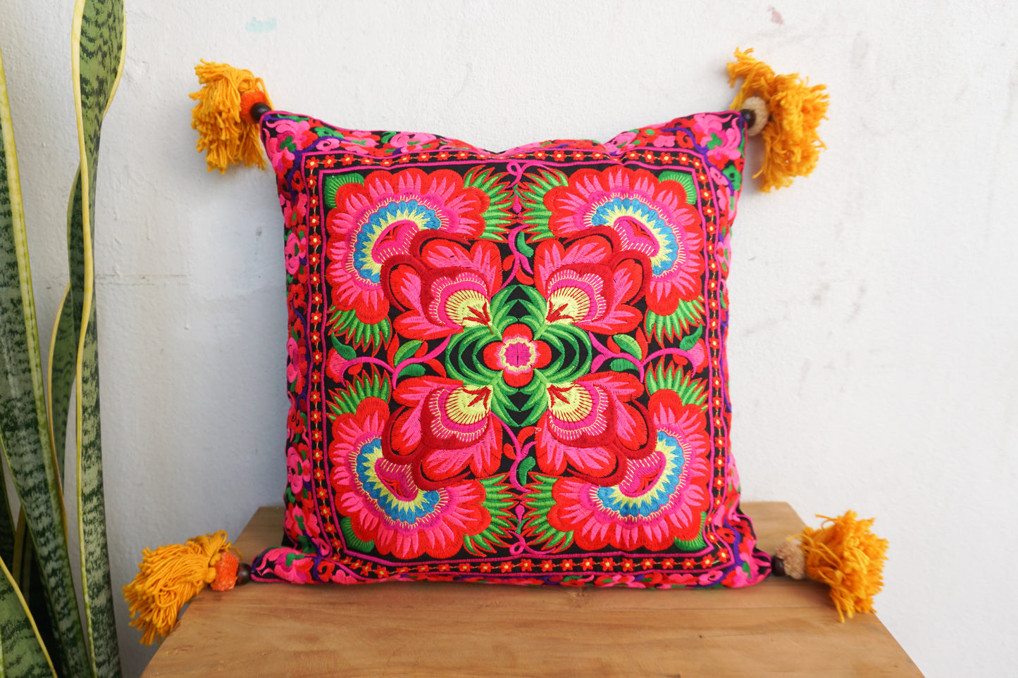 16x16 Hmong Cushion Cover with Tassels, Pom Poms