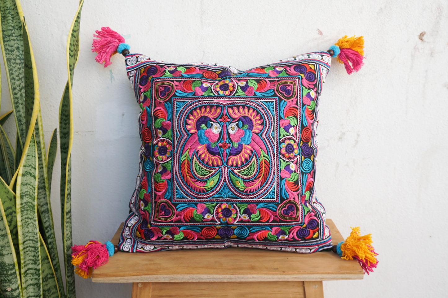 16x16 Hmong Cushion Cover with Tassels, Pom Poms
