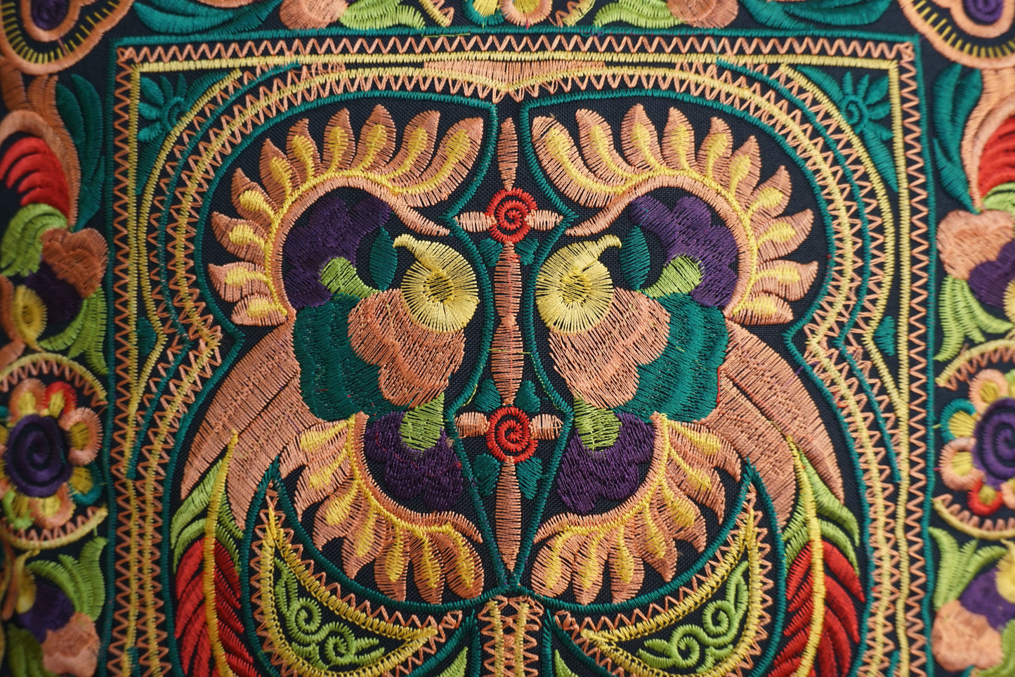 16x16 Hmong Cushion Cover with Tassels, Pom Poms