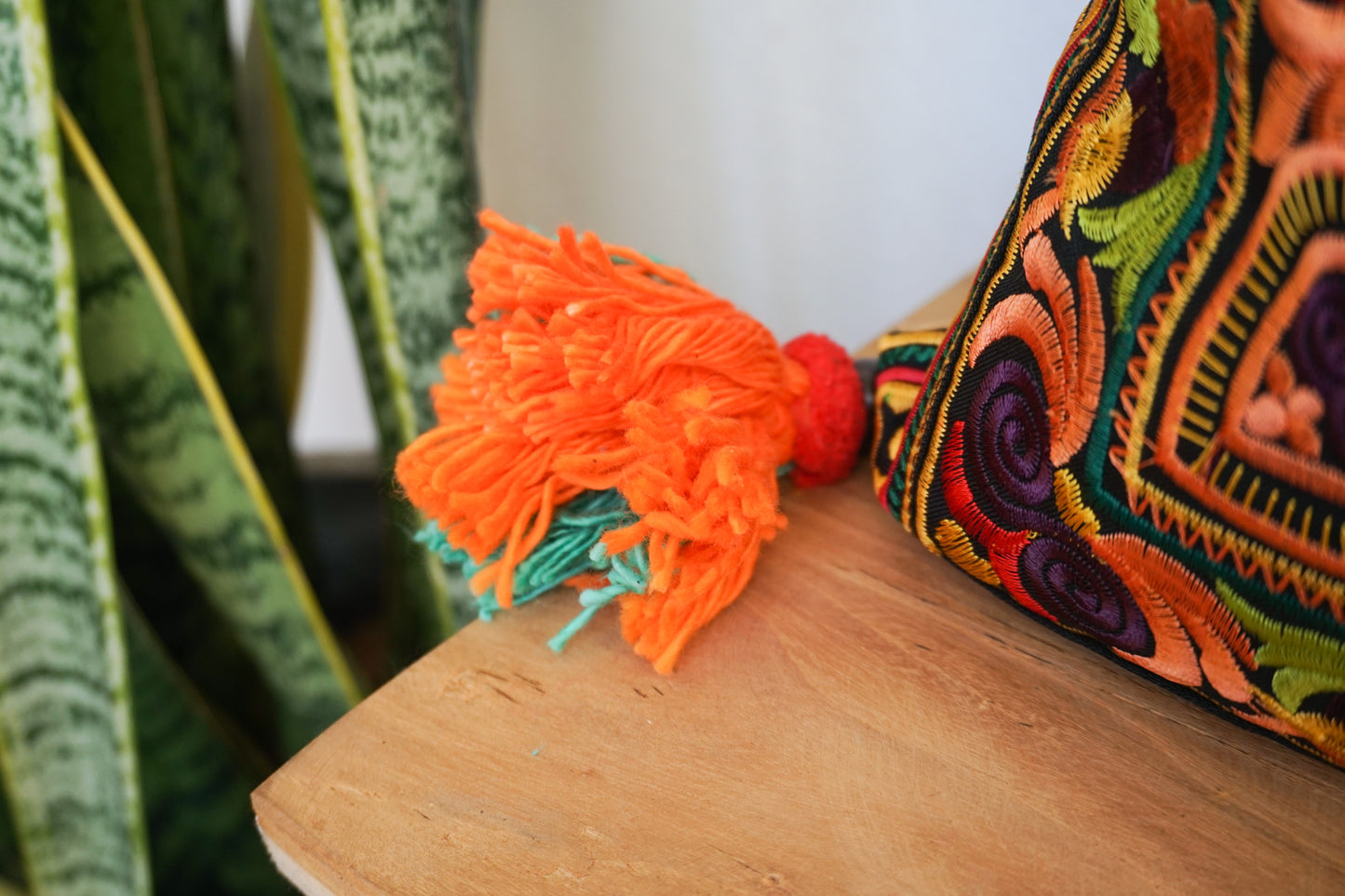 16x16 Hmong Cushion Cover with Tassels, Pom Poms