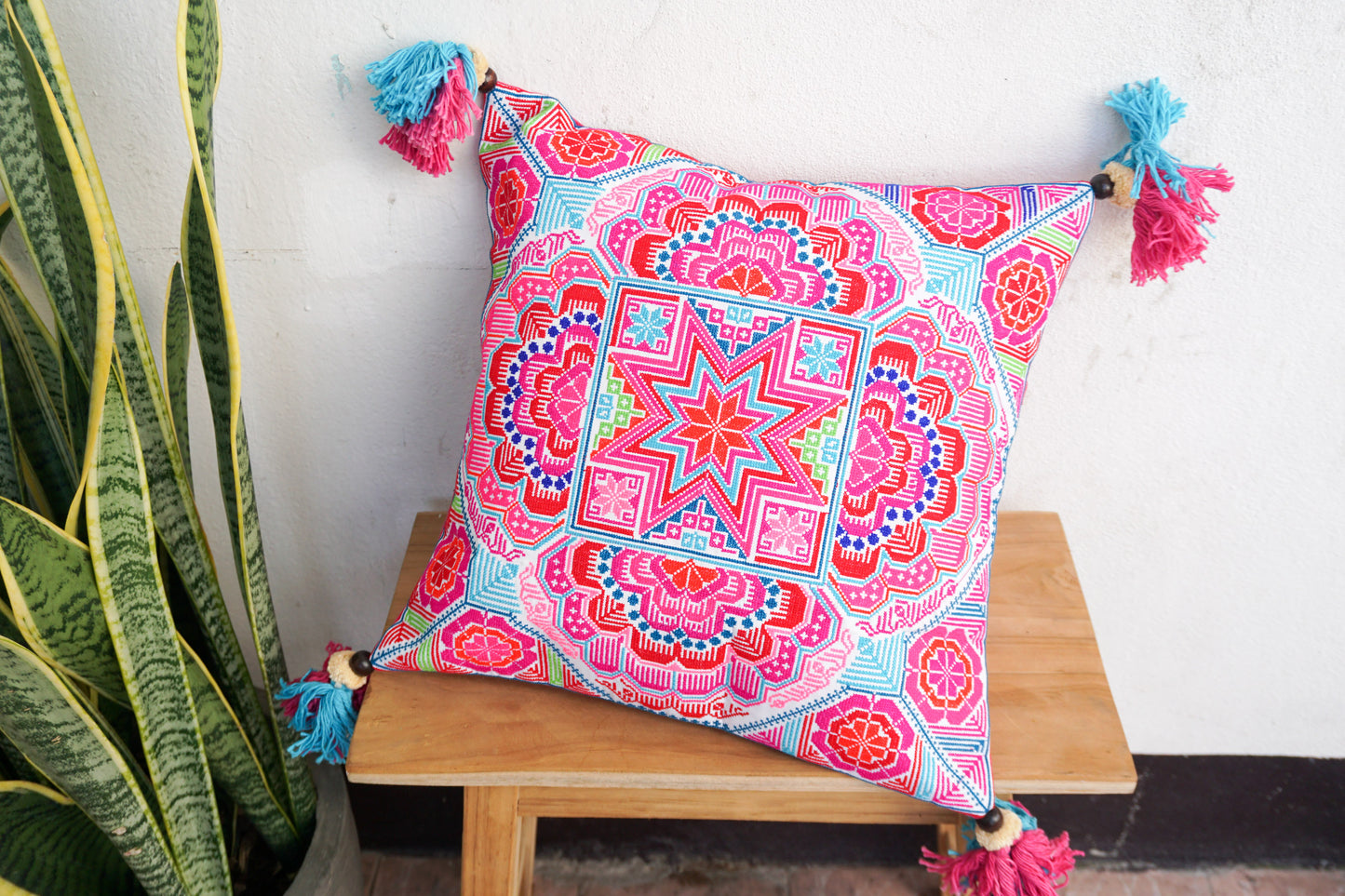 16x16 Hmong Cushion Cover with Tassels, Pom Poms