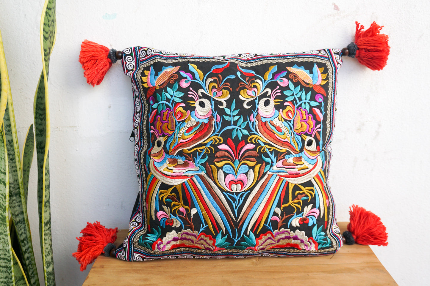 16x16 Hmong Cushion Cover with Tassels, Pom Poms