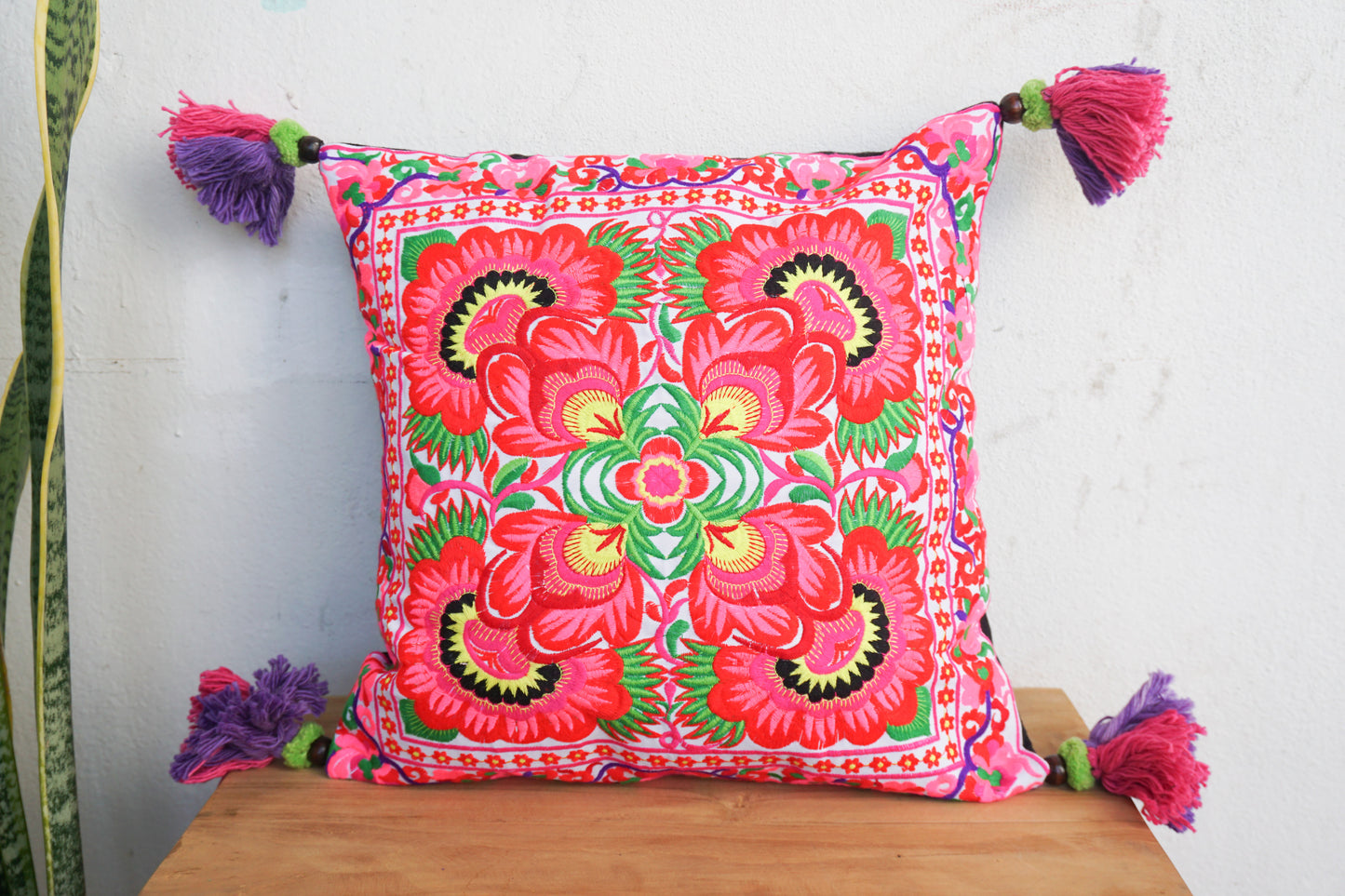 16x16 Hmong Cushion Cover with Tassels, Pom Poms