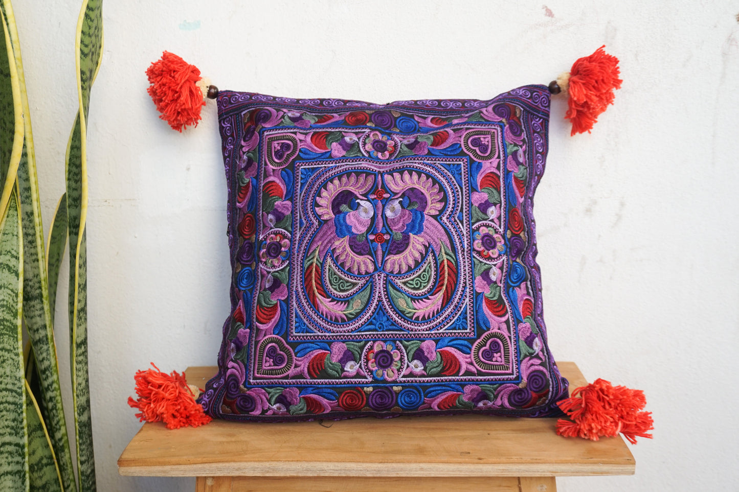 16x16 Hmong Cushion Cover with Tassels, Pom Poms