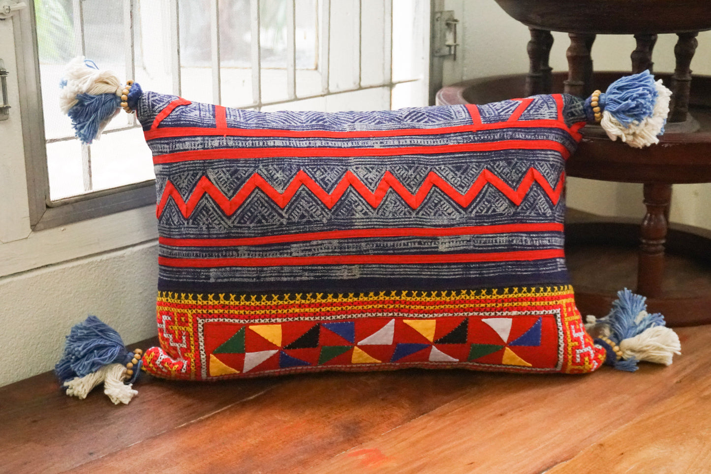 12x20 Vintage Hemp Fabric Hmong Cushion Cover with Tassels