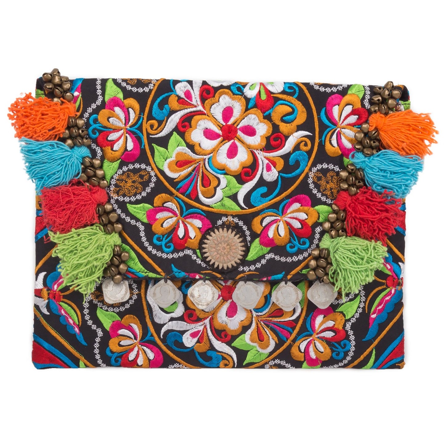 Hmong Embroidered Clutch Bag with Colorful Tassels