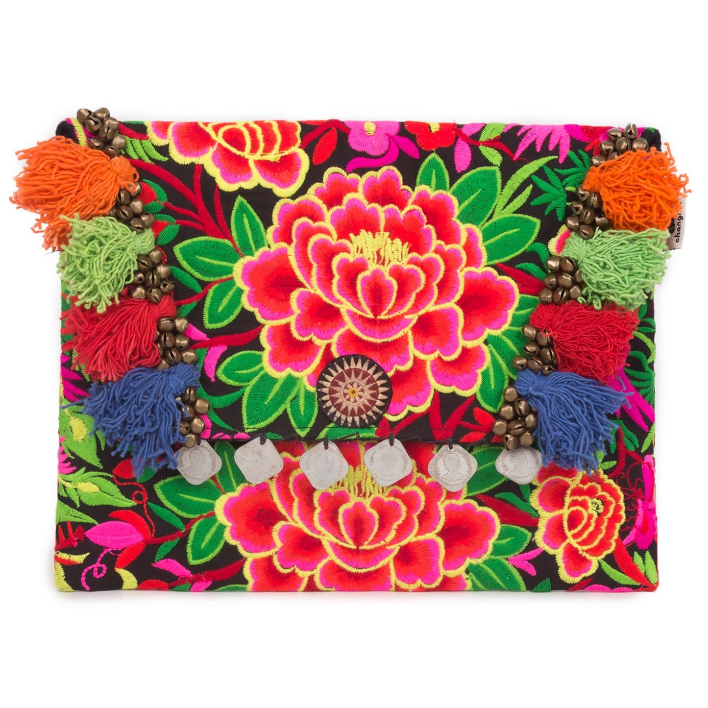 Hmong Embroidered Clutch Bag with Colorful Tassels