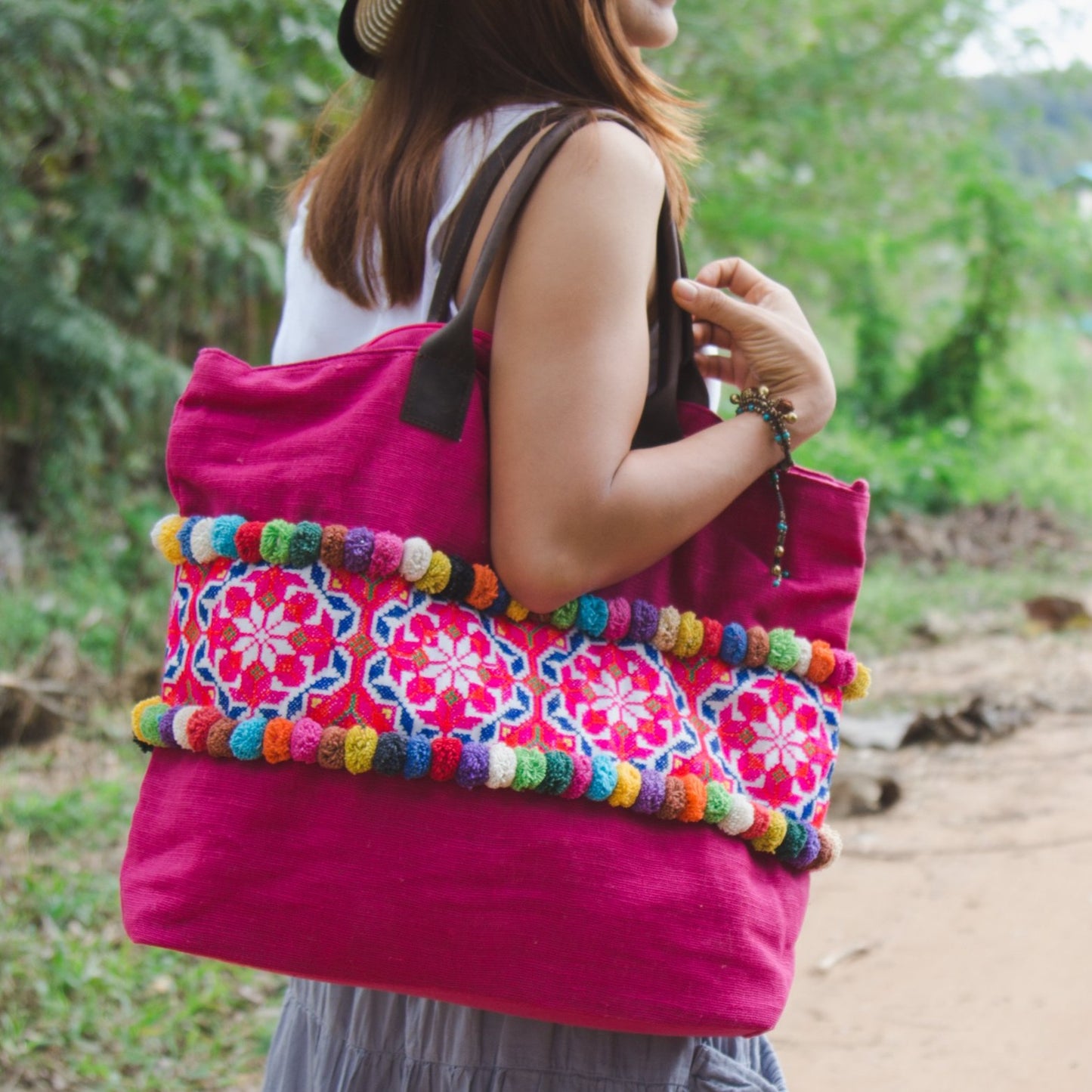 Colorful Pom Pom Beach Tote Bag
