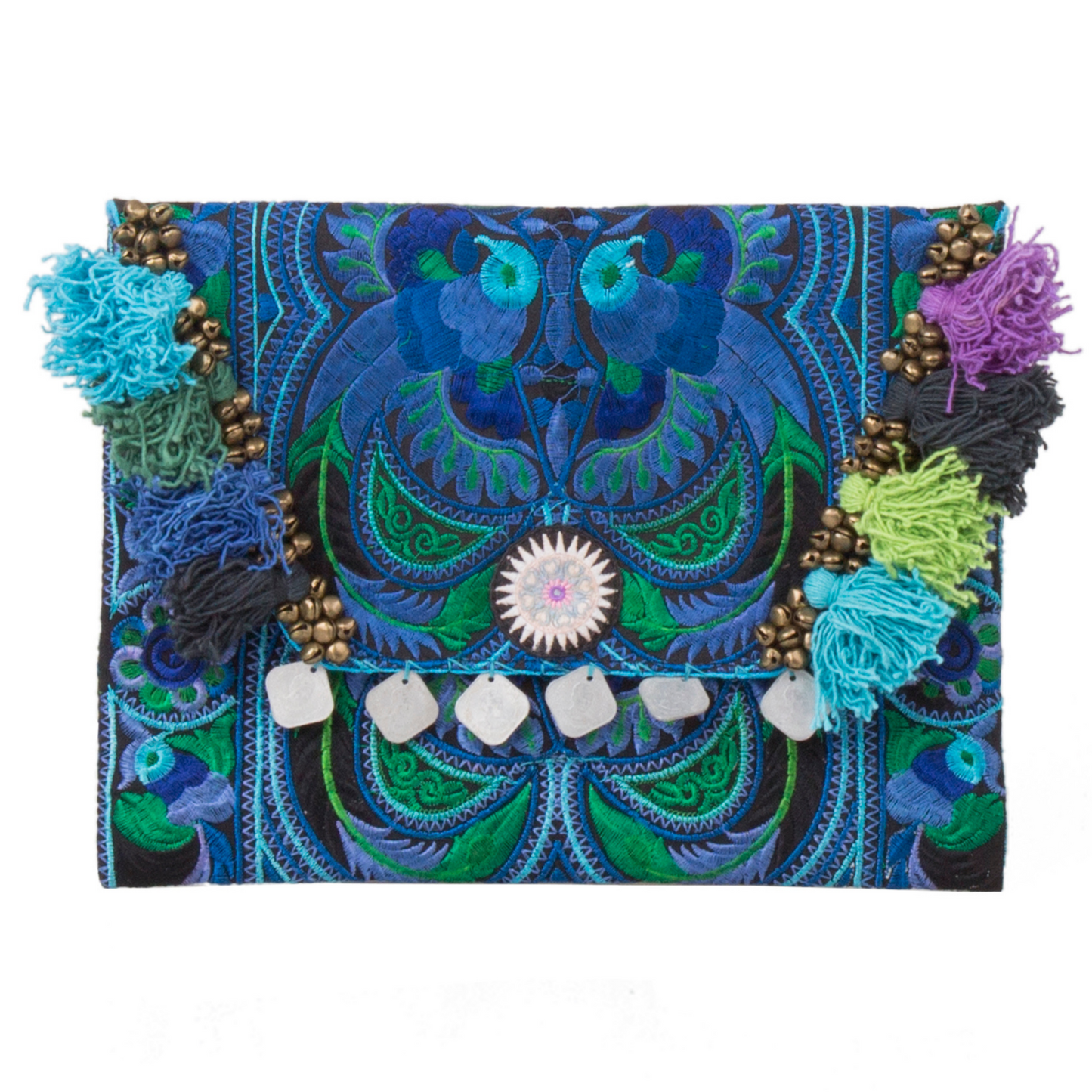 Hmong Embroidered Clutch Bag with Colorful Tassels