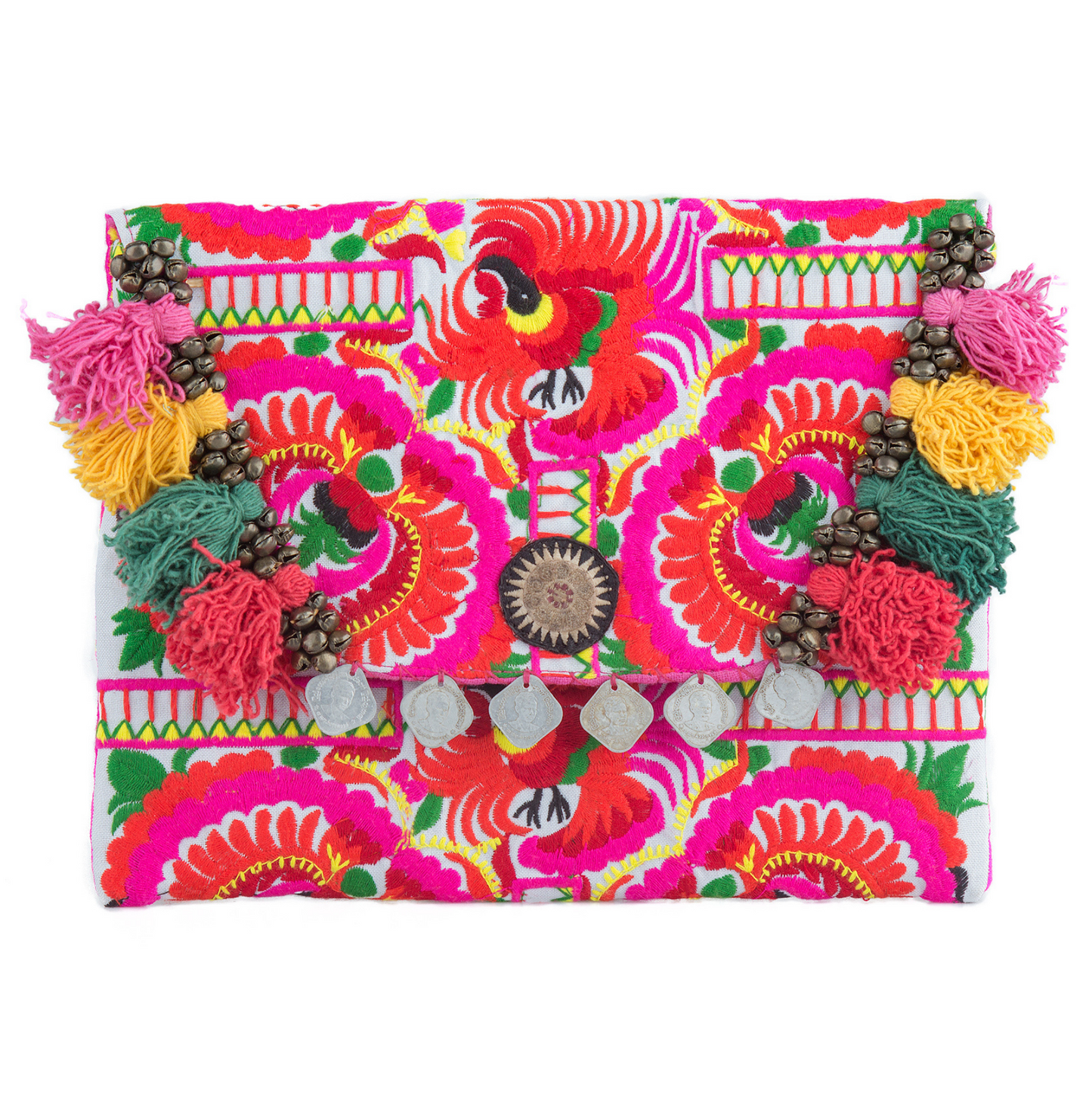 Hmong Embroidered Clutch Bag with Colorful Tassels