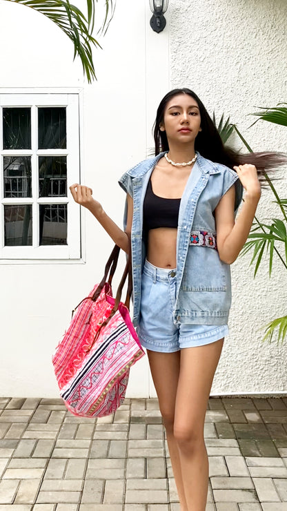 Denim Jacket with Snake Pattern Hmong Embroidery from Thailand