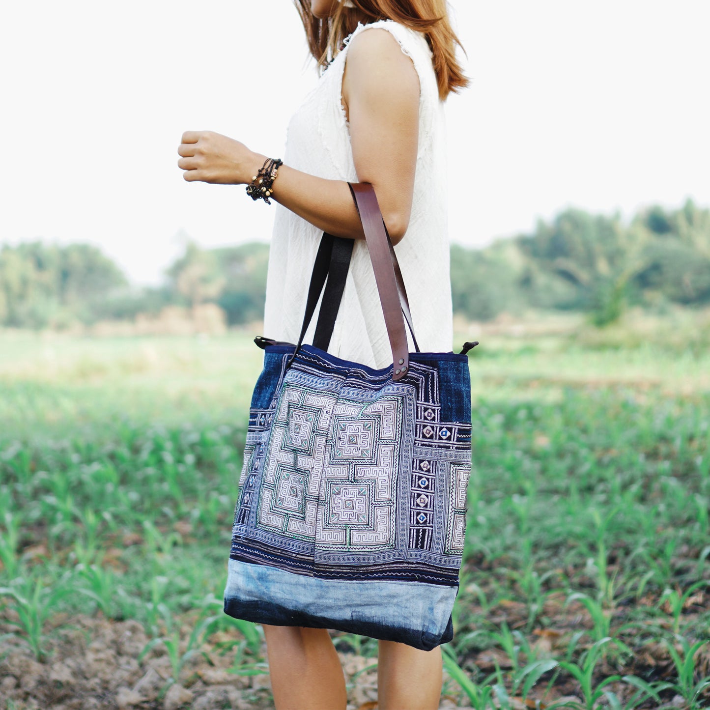 Handmade Hmong Embroidered Tote Bag with Leather Strap