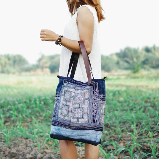 Handmade Hmong Embroidered Tote Bag with Leather Strap