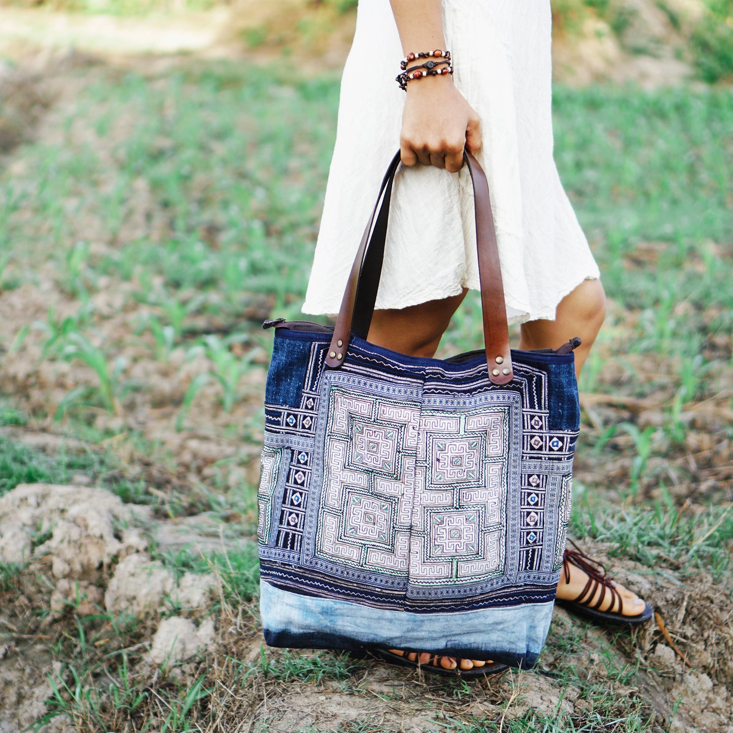 Handmade Hmong Embroidered Tote Bag with Leather Strap