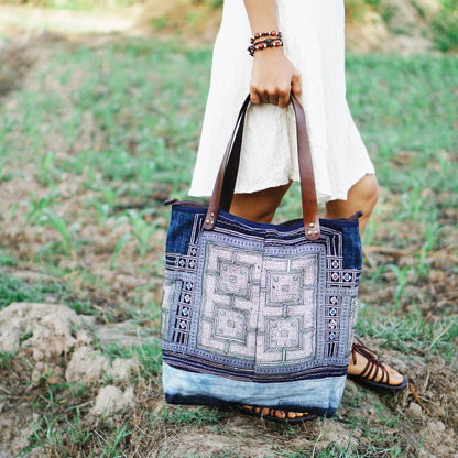 Handmade Hmong Embroidered Tote Bag with Leather Strap