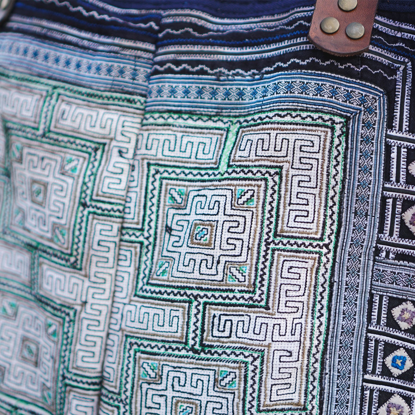 Handmade Hmong Embroidered Tote Bag with Leather Strap