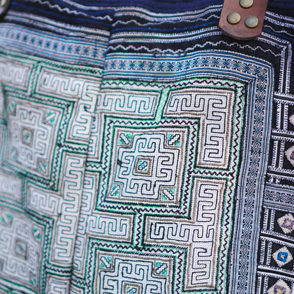 Handmade Hmong Embroidered Tote Bag with Leather Strap