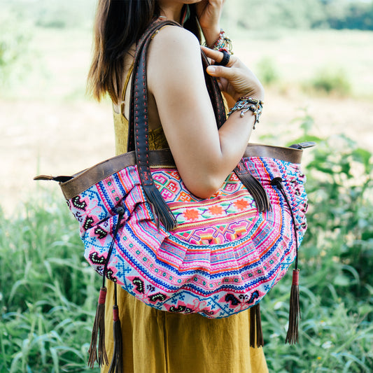 Half Moon Beach Tote Bag with Hmong Embroidery