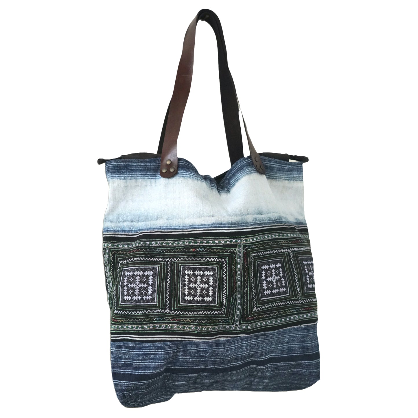 Handmade Hmong Embroidered Tote Bag with Leather Strap