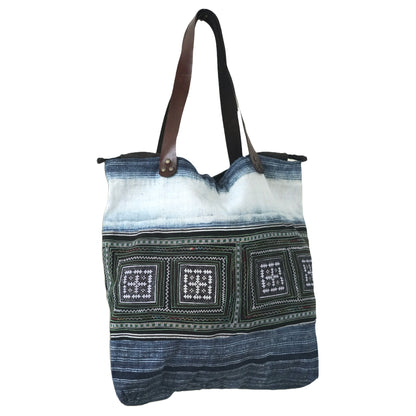 Handmade Hmong Embroidered Tote Bag with Leather Strap