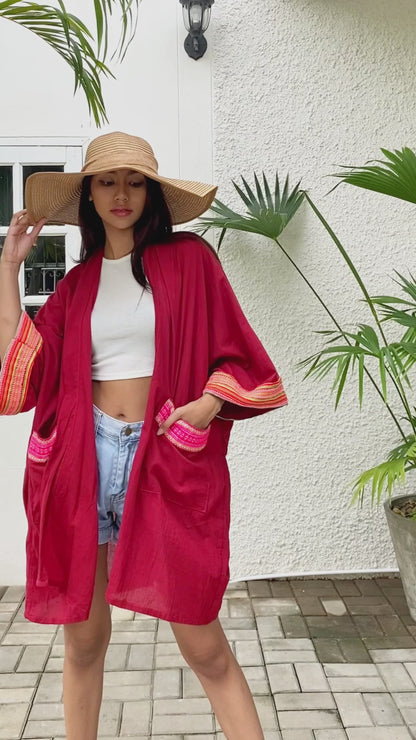 Short Kimono with Vintage Hmong Embroidery, Robe