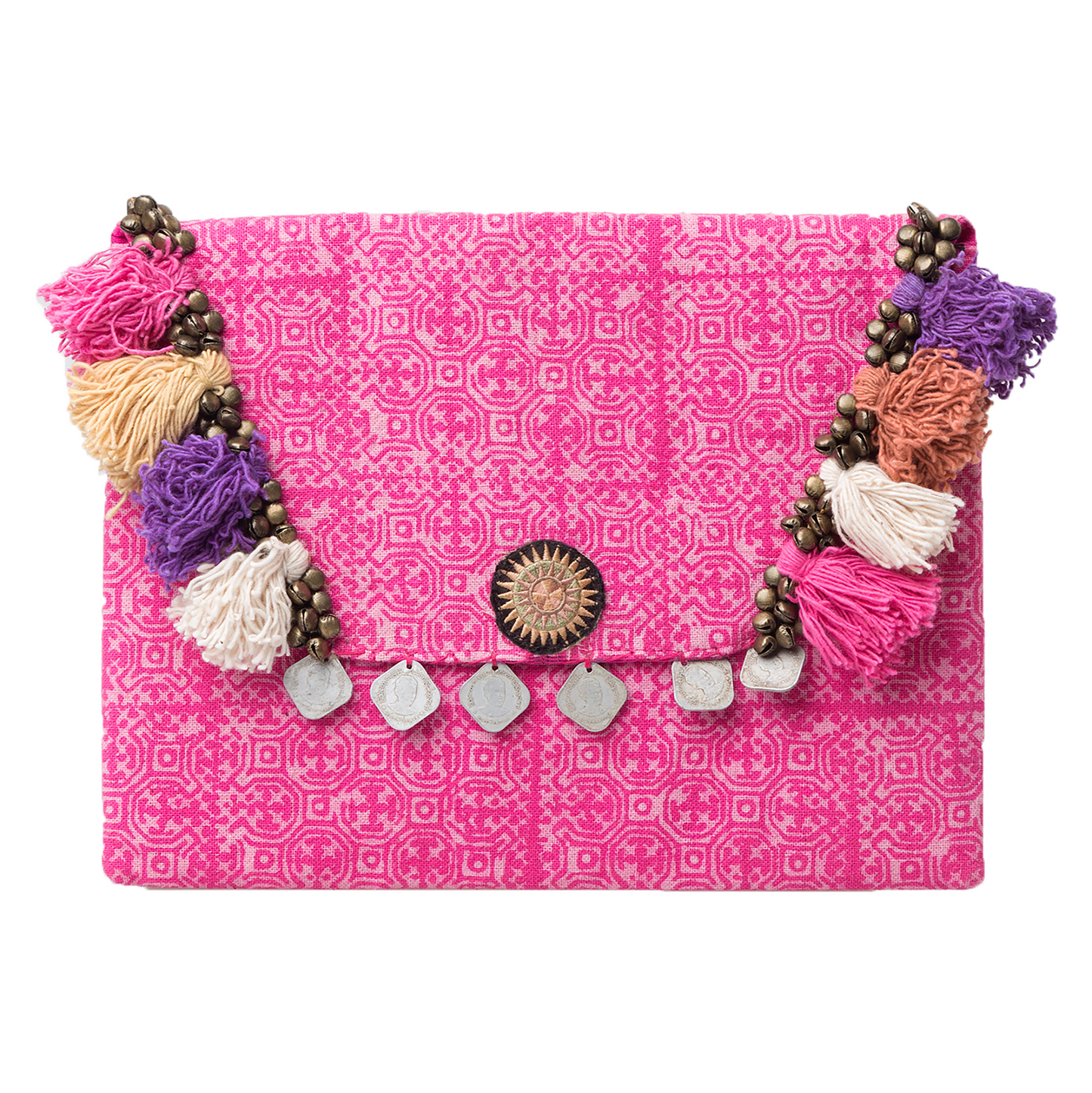 Hmong Embroidered Clutch Bag with Colorful Tassels