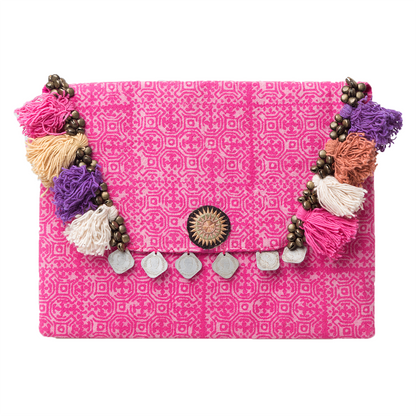 Hmong Embroidered Clutch Bag with Colorful Tassels