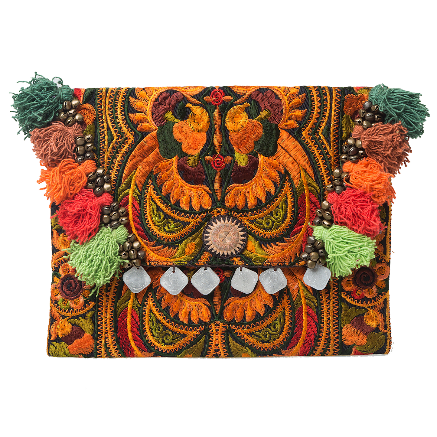 Hmong Embroidered Clutch Bag with Colorful Tassels