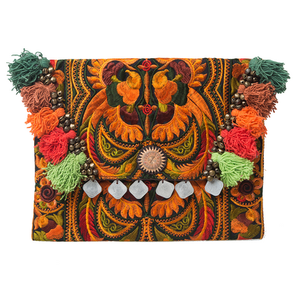 Hmong Embroidered Clutch Bag with Colorful Tassels