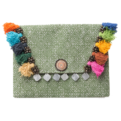 Hmong Embroidered Clutch Bag with Colorful Tassels