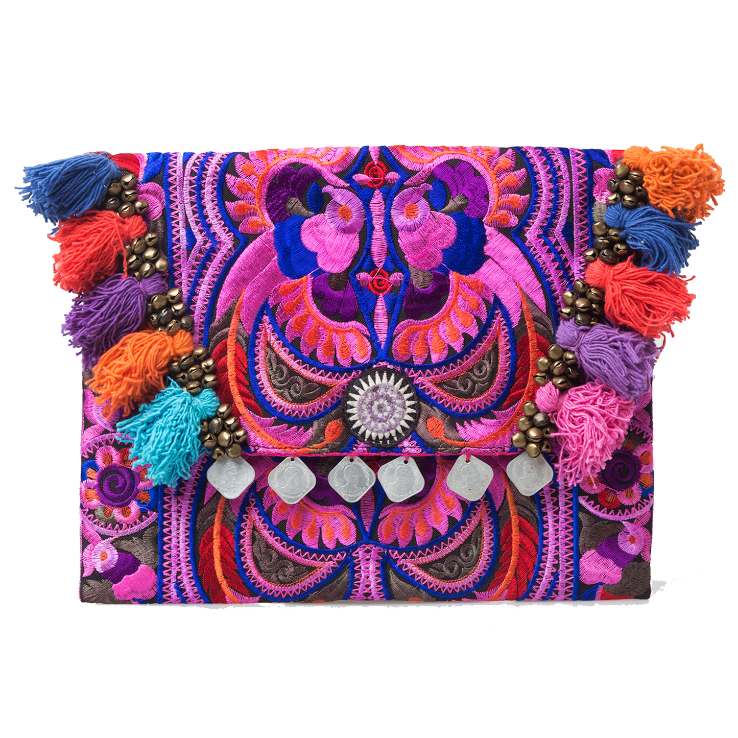 Hmong Embroidered Clutch Bag with Colorful Tassels