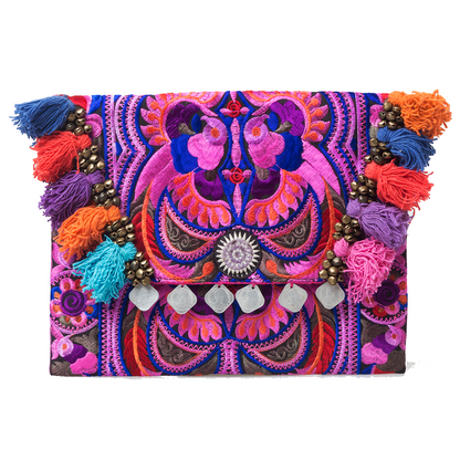 Hmong Embroidered Clutch Bag with Colorful Tassels