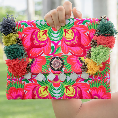 Hmong Embroidered Clutch Bag with Colorful Tassels