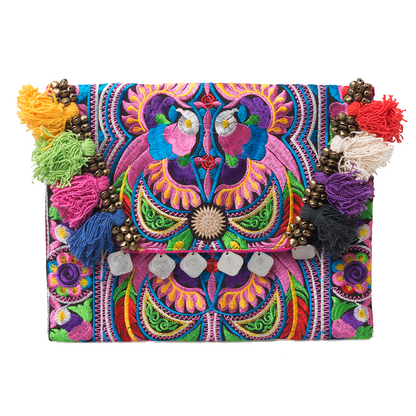 Hmong Embroidered Clutch Bag with Colorful Tassels