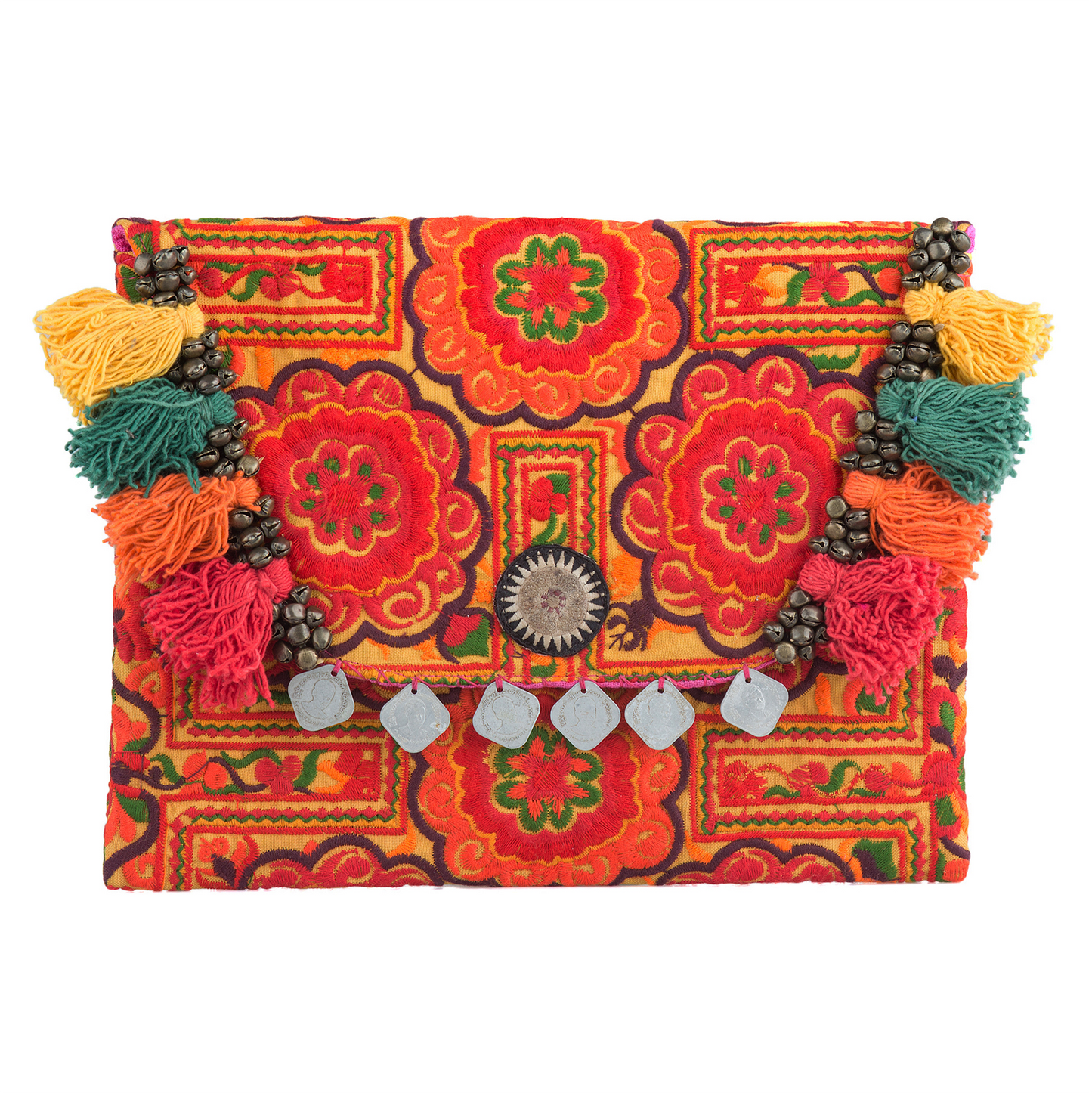 Hmong Embroidered Clutch Bag with Colorful Tassels