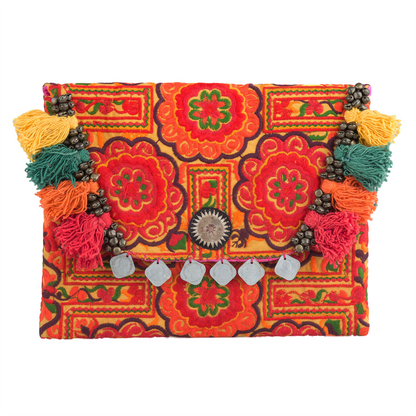 Hmong Embroidered Clutch Bag with Colorful Tassels