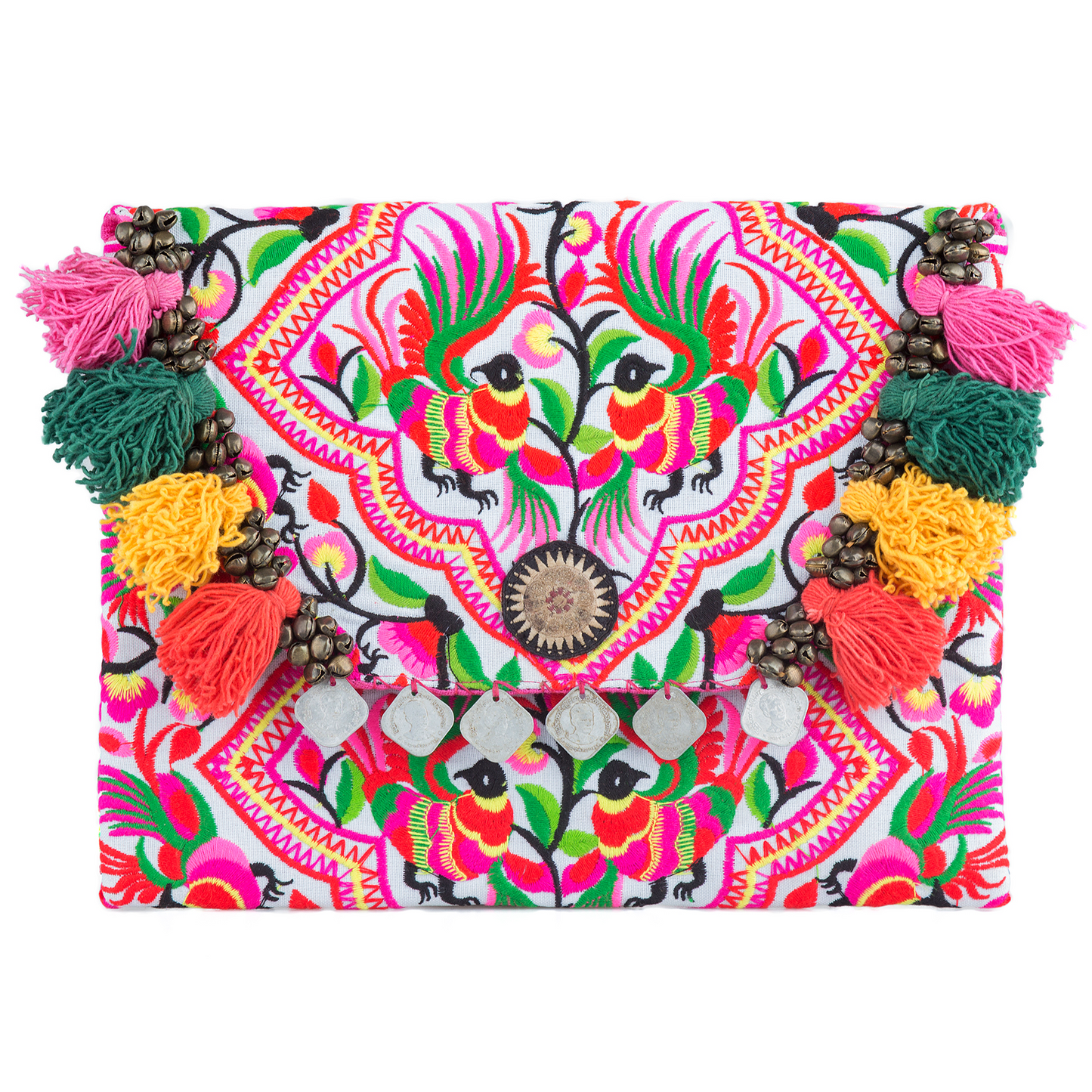 Hmong Embroidered Clutch Bag with Colorful Tassels