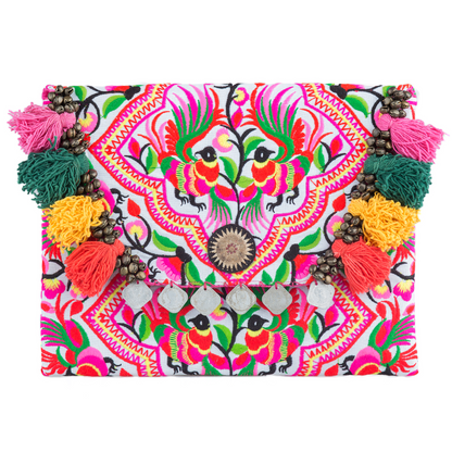 Hmong Embroidered Clutch Bag with Colorful Tassels