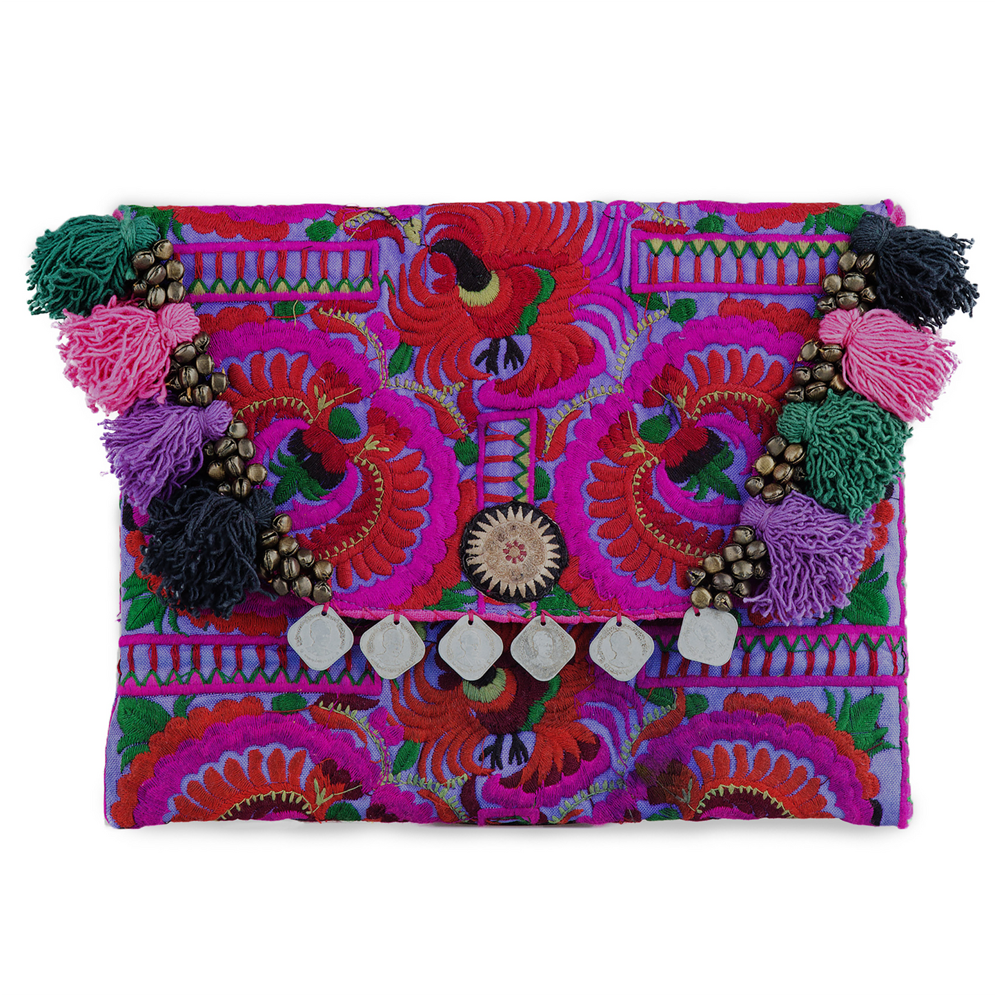 Hmong Embroidered Clutch Bag with Colorful Tassels