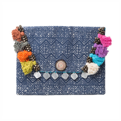 Hmong Embroidered Clutch Bag with Colorful Tassels