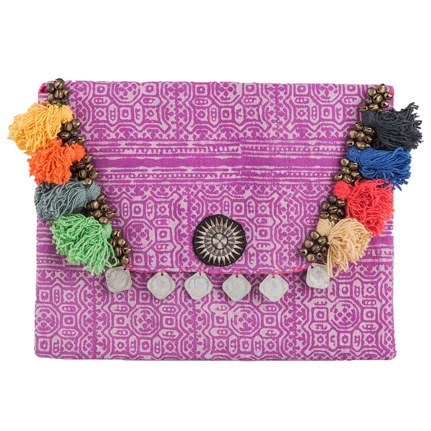 Hmong Embroidered Clutch Bag with Colorful Tassels
